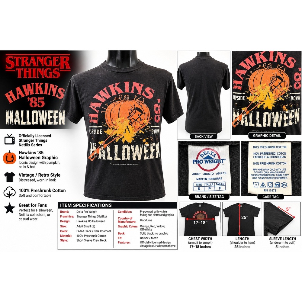 Stranger Things Hawkins 85 Halloween Shirt Delta Pro Weight Small Black Graphic